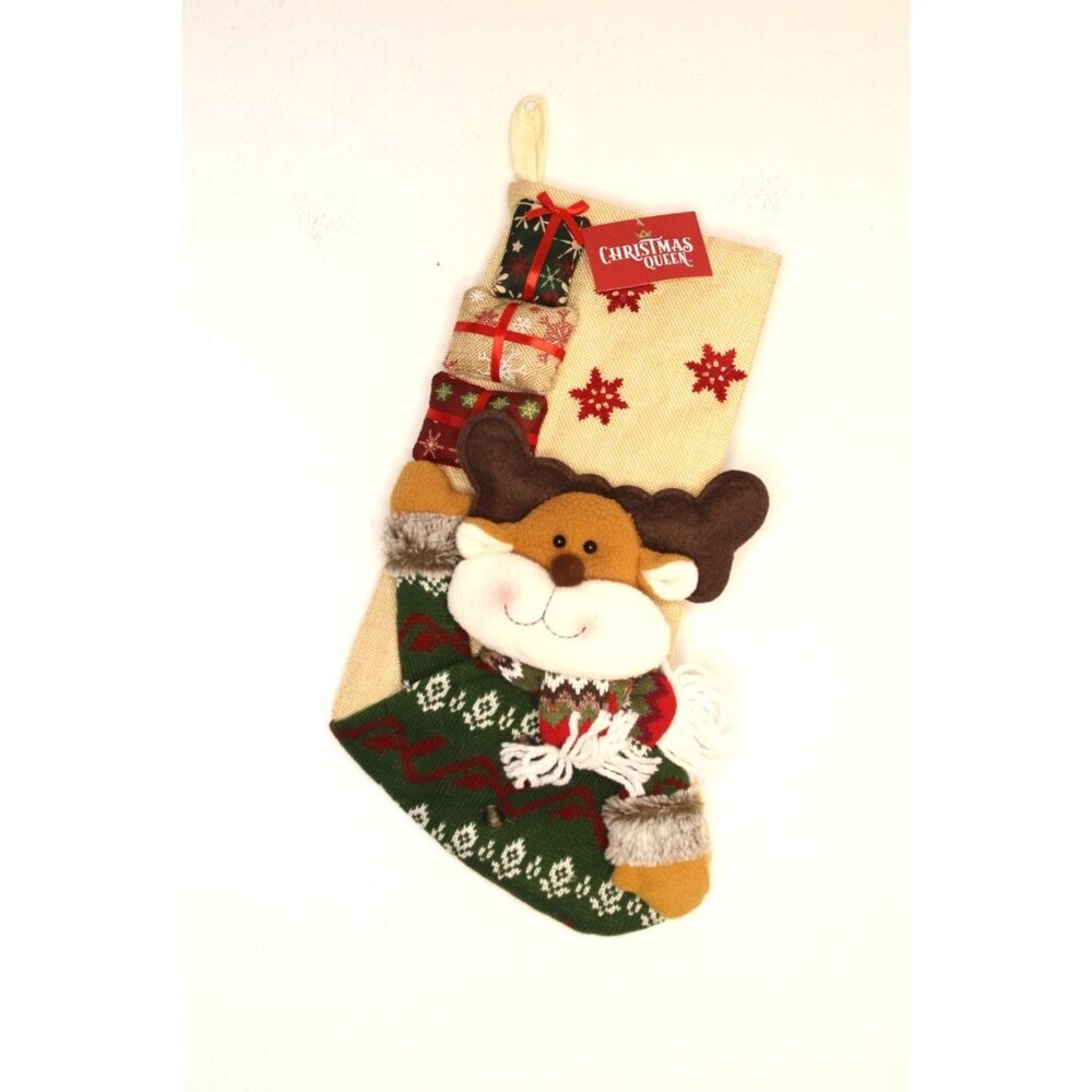 Christmas Queen Reindeer‎ 3D Stocking 18 inches Red Beige Holiday Decor NWT